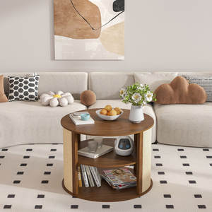 Mesa de centro redonda de estilo bohemio con estantes de almacenamiento de 2 niveles Acabado de tela de saco para sala de estar - Product Image 6