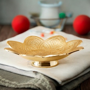 Golden Carved Metal Bowl Set Flower Shape Serving Dish with Lid Handmade Glam Decor for Gifting and Dining - Product Image 1