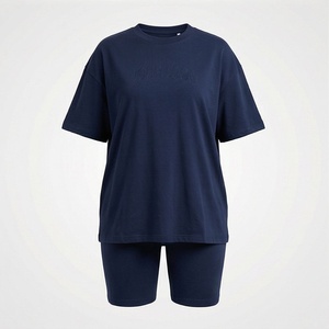 Women's 2 Piece <b>Knitted</b> Solid Navy Blue Crew Neck Short Sleeve T Shirt and Above Knee Shorts <b>Set</b> Casual Loose Fit Daily Wear - Product Image 1