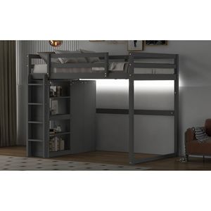 Letto a soppalco a LED grigio chiaro per bambini, in legno, con armadio integrato e mensole portaoggetti - Product Image 6