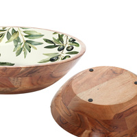 Grote Handgemaakte Mango Hout Slakom Met Emaille Print Houten Kom Voor Het Serveren Van Eco-Vriendelijke Hot Selling Product Groothandel Aanbiedingen