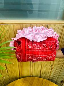 Soft cotton cosmetic organizer with decorative frill zipper <b>makeup</b> <b>case</b> travel quilted pouch beauty essentials holder For Gifts - Product Image 4
