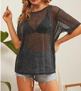 Camiseta de malla transparente de manga corta con hombros caídos y estampado personalizado para mujer, talla grande, estilo desgastado, para playa y exteriores, de poliéster - Product Image 3