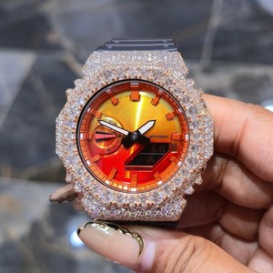 Reloj de Lujo para Mujer, Cuarzo Analógico-Digital, Caja con Pedrería, Esfera de Cristal de Zafiro, Caja de Acero Inoxidable de 45 mm, Esfera Naranja, Correa de Goma - Product Image 1