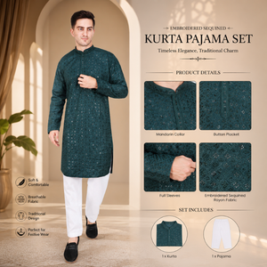 Conjunto de Kurta y Pijama de Rayón con Lentejuelas Bordadas para Hombre |   Traje Tradicional Indio de Manga Larga para Novio, Ropa Étnica de Diseñador para Fiestas - Product Image 3