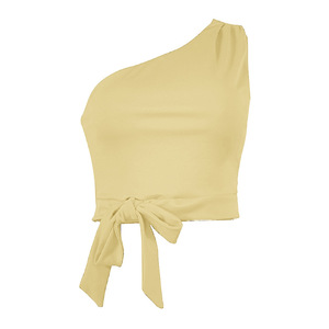 Haut court asymétrique en tricot pour femme avec nœud papillon, couleur unie, sans manches - Product Image 2