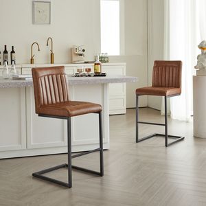 Vintage 26-Inch Counter Height Bar <b>Stool</b> Brown Faux <b>Leather</b> with Sturdy Black Metal Frame Vertical Tufted Backrest Footrest - Product Image 2