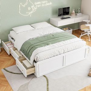 Cadre de lit plateforme en bois Queen Size avec 6 tiroirs, couleur blanche - Product Image 1