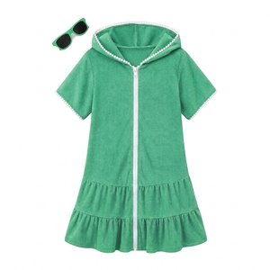 Nuevo Vestido de Playa para Niñas, 100% Poliéster, con Capucha, Manga Corta, Cierre Frontal con Cremallera, Dobladillo con Volantes, Lindo, para Playa o Piscina, Fabricante con Logotipo Personalizado - Product Image 1