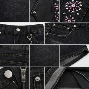 Shorts de Mezclilla Y2K Negros Lavados Crystal Shield para Hombre, Estilo Namja, Holgados, Tipo Bermuda, con Apliques de Cuero, Cadena de Diamantes de Imitación - Product Image 4