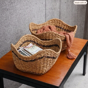 Panier de rangement élégant en bambou et osier naturel, décoratif et polyvalent, pour table et cuisine, rond, en jonc de mer marron, lot de 2, finition brillante, style bohème - Product Image 5