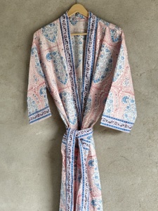 Block Print Cotton <b>Kimono</b> Robe <b>Long</b> Sleeve Floral Beach Cover Handcrafted V-neck Full-Length Belted Spring Resort Wear Front - Product Image 1