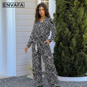 Ensemble chemisier et pantalon pour femme, coupe ample, élégant, décontracté, à manches longues, à rayures feuilles, nouvelle collection printemps-été - Product Image 6