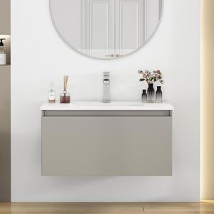 32-Inch Wall Mounted <b>Bathroom</b> <b>Vanity</b> with 1 Big Drawer Soft Close System Ceramic Sink No Handle Design Solid Wood Painted Finish - Product Image 6