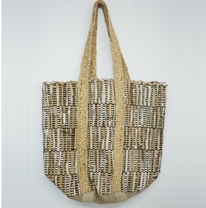 Sac fourre-tout en jute rayé bohème pour femme TYNTRA, avec perles croisées, bandoulière ouverte, taille personnalisable, pour usage quotidien, sac de plage d'été - Product Image 5