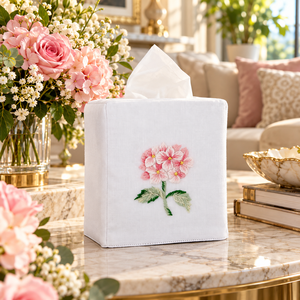 Caja de pañuelos de tela blanca con hortensias rosas bordadas, cubierta de lujo cuadrada para pañuelos, adorno para decoración del hogar y regalo - Product Image 2