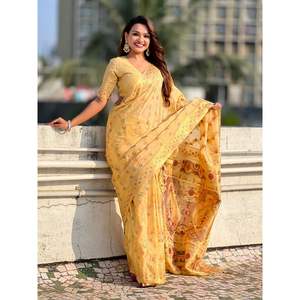 Sari de Seda Kora Premium Leheriya Meenakari Zari Tejido con Pallu de Estampado Floral Elegante y Blusa de Brocado - Product Image 3