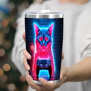 Stainless Steel Tumbler 20oz Vacuum <b>Insulated</b> Portable Leakproof Travel <b>Mug</b> With Neon Cat Gaming Design - Product Image 3