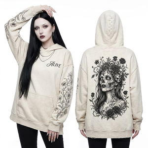 เสื้อฮู้ดสีเทาพิมพ์ลายกราฟิก City Of The Dead ลายเส้นขอบฟ้า แขนเสื้อพิมพ์ลายแบบดิสเทรส สไตล์ Apocalyptic สตรีทแวร์ทรงโอเวอร์ไซส์ - Product Image 4