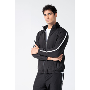 Survêtement noir pour homme avec fermeture éclair intégrale et bandes blanches, design sportif, polyester respirant, coupe classique, idéal pour le printemps - Product Image 1
