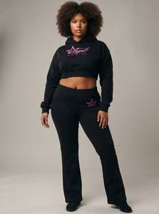 Ensemble sweat à capuche court noir et leggings taille haute pour femme, grande taille, pantalon évasé long uni à taille élastique - Product Image 6