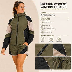 Custom <b>Women's</b> Zip Up <b>Jacket</b> Shorts Set Cargo Pocket Nylon Shell Utility Embroidery Logo OEM Supplier - Product Image 2