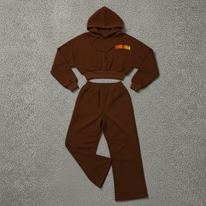 Ensemble 2 pièces streetwear OEM de haute qualité pour femme : sweat à capuche court et pantalon ample en coton 100% brodé de dentelle, style vintage et délavé pour l'hiver - Product Image 1