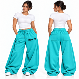 Women's Champagne Wide Leg Customized Fleece Cargo Pants Mid <b>Waist</b> <b>Elastic</b> Drawstring Regular Fit Full Length Streetwear <b>Trouser</b> - Product Image 3