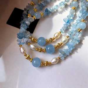 Aquamarine Beaded <b>Necklace</b> With Freshwater Pearl 22K Gold Plated Layered Blue Gemstone Minimalist <b>Necklace</b> - Product Image 3