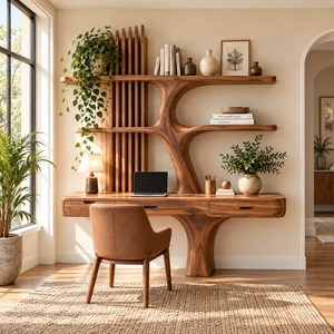 Bureau mural contemporain en bois Luxali avec étagères en forme d'arbre et tiroir pour bureau à domicile - Product Image 4