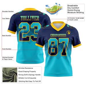 Jersey de Fútbol Americano de Calidad de Exportación para Hombre, Cuello en V, Manga Corta, Azul y Amarillo, Sublimado, Absorbente de Humedad, 100% Poliéster - Product Image 2