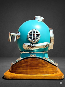 Casco de Buceo Azul Cielo con Base de Madera, Casco de Buceo Profundo, Decoración Náutica Vintage, Decoración Marítima - Product Image 5