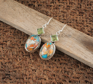 Boucles d'oreilles pendantes en argent sterling 925 avec coquille d'huître épineuse naturelle, turquoise et péridot, bijoux bohèmes orange et verts, vente en gros - Product Image 4