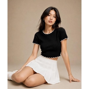 Women’s Black Ribbed <b>Crop</b> <b>Top</b> Short Sleeve Y2K Design Casual High Stretch Tee for Women 100% Cotton - Product Image 3