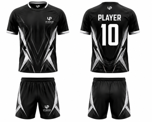 ชุดเสื้อฟุตบอลแบบซับลิเมชั่นสีดำขาวสั่งทำพิเศษ กางเกงขาสั้นระบายอากาศได้ดี ผลิตจากโพลีเอสเตอร์ 100% คุณภาพสูง ชุดยูนิฟอร์มทีมฟุตบอลสำหรับทุกเพศ - Product Image 4