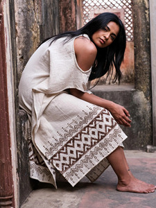 Elegant Handwoven Off-<b>White</b> Khadi Cotton Kaftan Dress for Women featuring Trendy Cold-Shoulder Cutouts Boho-Chic Kimono Sleeves - Product Image 1