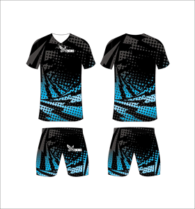 Conjunto de Uniforme de Fútbol Sublimado Personalizado, Diseño Gráfico de Puntos Azules sobre Negro, Transpirable, de Secado Rápido, para Hombres y Niños - Product Image 1