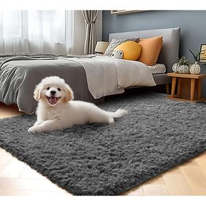 Tappeto Grigio Soffice e Peloso 5x8 ft, Grande Tappeto Antiscivolo per Interni, per Camera da Letto e Soggiorno, Set di Tappeti Morbidi e Confortevoli - Product Image 1