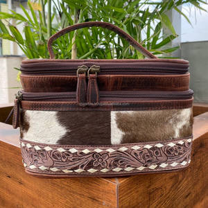 Newest 2024 Luxury Hand <b>Tooled</b> Floral Travel Cosmetic Bag for Women's Western Hair on Cowhide Multifunction Makeup Organizer Bag - Product Image 3
