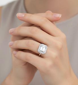 Luxury Rhodium Plated <b>Silver</b> <b>Emerald</b>-Cut Moissanite Engagement <b>Ring</b> with Baguette Accent Stones for Women - Product Image 2