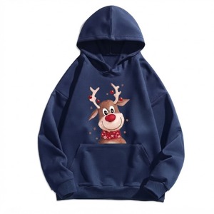 Sweat-shirt à capuche unisexe bleu marine avec imprimé de rennes, poche avant, vêtement d'hiver décontracté, coupe ample - Product Image 1