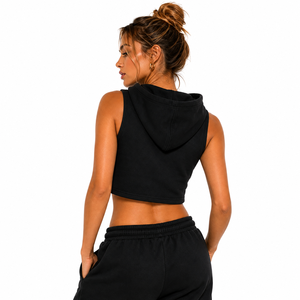 Débardeur court noir à capuche sans manches avec cordon de serrage, broderie personnalisée, coupe OEM, gilet athleisure, chemise pour femme, vêtements de sport pour la gym et l'entraînement, fabrication usine - Product Image 2