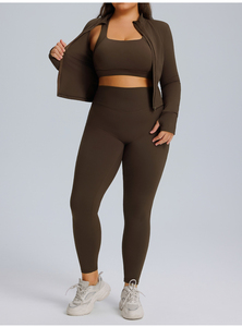 Wholesale Fitness 3 Piece Women Gym Yoga Wear Set Workout Seamless Long Sleeve Sports Suit <b>Crop</b> <b>Top</b> Full Sleeve Zipper Sports - Product Image 6