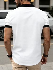 Men's White Neck Short Sleeve T-Shirt Regular Fit Contrast Trim Knitted Cotton Casual Solid Color Regular Length Breathable 180g - Product Image 6