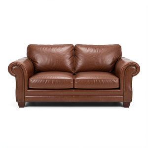 Elegante Sofá de Cuero Marrón de 2 Plazas con Brazos Enrollados, Sofá Tradicional de Lujo para Sala de Estar o Vestíbulo de Hotel - Product Image 1