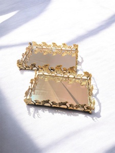 Gold Plated Rectangular <b>Mirrored</b> Storage <b>Trays</b> With Ginkgo Leaf Design Stackable Modern Luxury Table Decor - Product Image 1