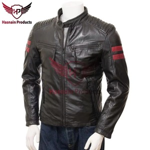 Chaqueta de Cuero Genuino Negra para Hombre, Estilo Motero, Cafe Racer, con Franja Roja de Carreras, Hombros Acolchados, Ropa Vintage Personalizada - Product Image 2