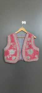 <b>Women's</b> <b>Pink</b> Embroidered Floral V-neck Vest Bohemian Style Handmade Eco-friendly Vintage Winter <b>Waistcoat</b> Outerwear - Product Image 2