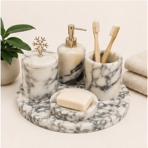Ensemble d'accessoires de salle de bain en marbre naturel, 5 pièces, ensemble de vanité en pierre artisanale avec distributeur de savon, pot avec couvercle doré et plateau pour la maison - Product Image 2