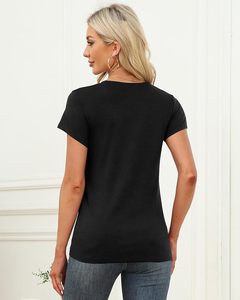 Camiseta de Manga Corta con Cuello Redondo Negra para Mujer, Corte Ajustado, Informal, de Color Sólido, de Algodón Jersey, para Primavera y Verano - Product Image 4